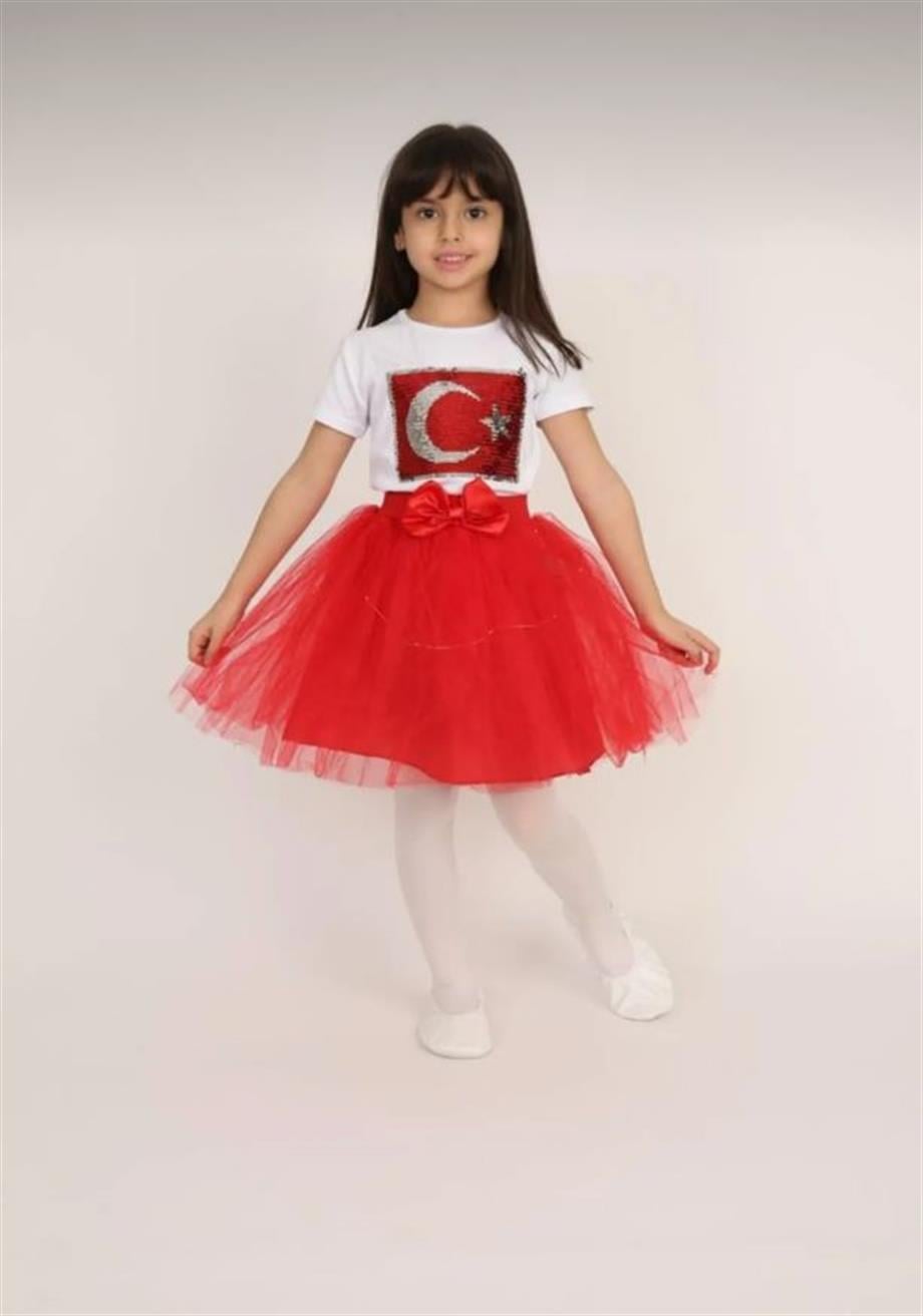 Kız Çocuk 23 Nisan 29 Ekim 10 Kasım 19 Mayıs Gösteri Kıyafeti Desenli T-shirt Etek Takım