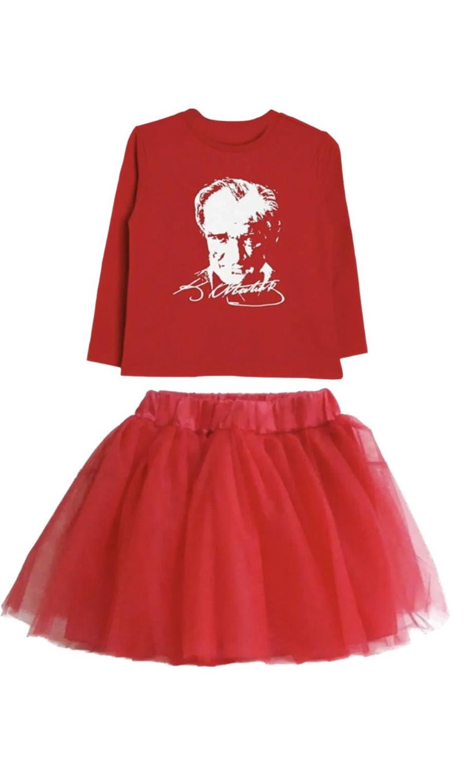 Kız Çocuk 23 Nisan 29 Ekim Gösteri Doğumgünü Kıyafeti Desenli uzun Kol T-shırt Tütü Etek Takım
