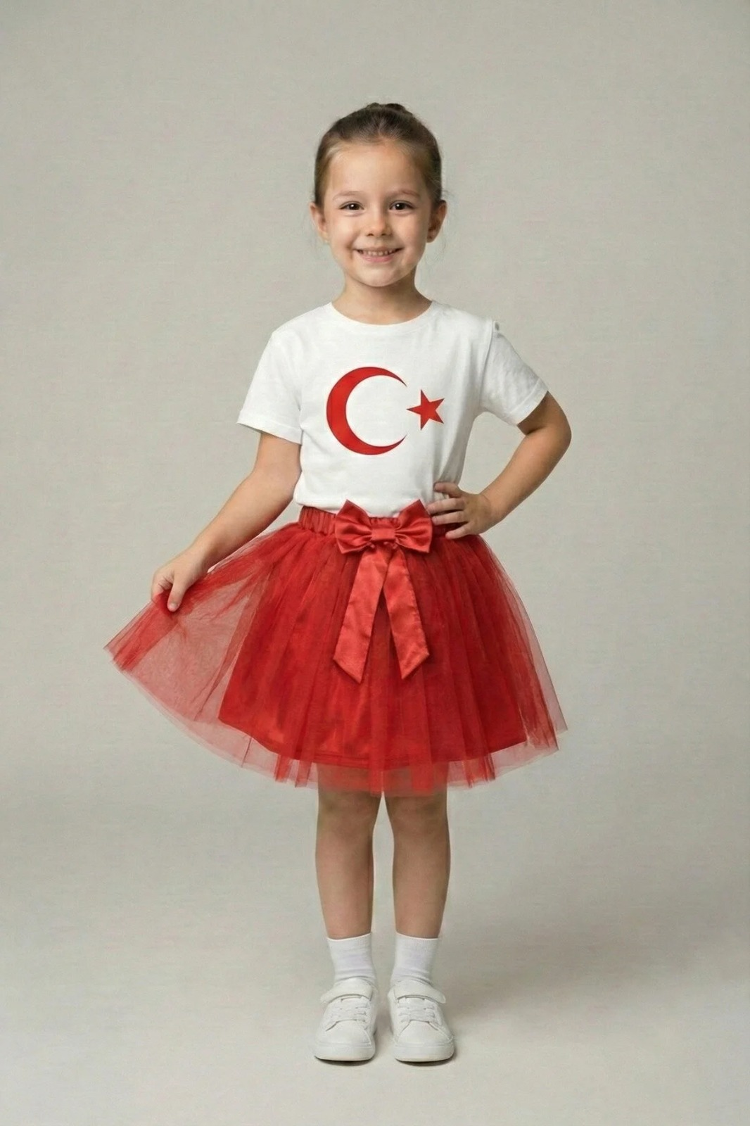 Kız Çocuk Beyaz Kısa Kol Ay Yıldız Tişört Kırmızı Tütü Etek Takım 23 Nisan Gösteri Kıyafeti