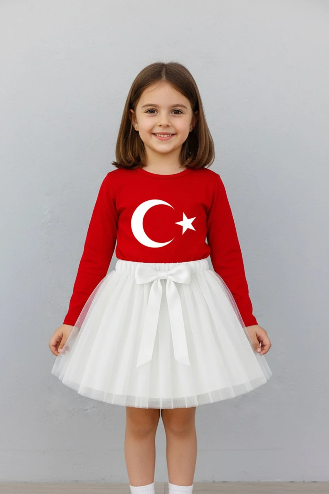 Kız Çocuk Kırmızı Uzun Kol Ay Yıldız Tişört Beyaz Tütü Etek Takımı 23 Nisan 29 Ekim Gösteri Kıyafeti