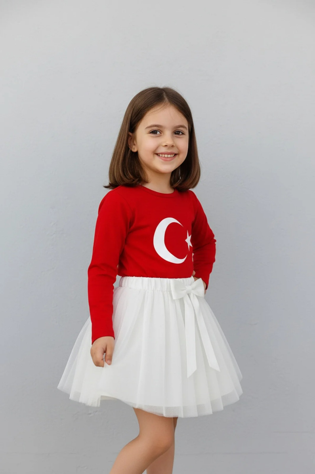 Kız Çocuk Kırmızı Uzun Kol Ay Yıldız Tişört Beyaz Tütü Etek Takımı 23 Nisan 29 Ekim Gösteri Kıyafeti