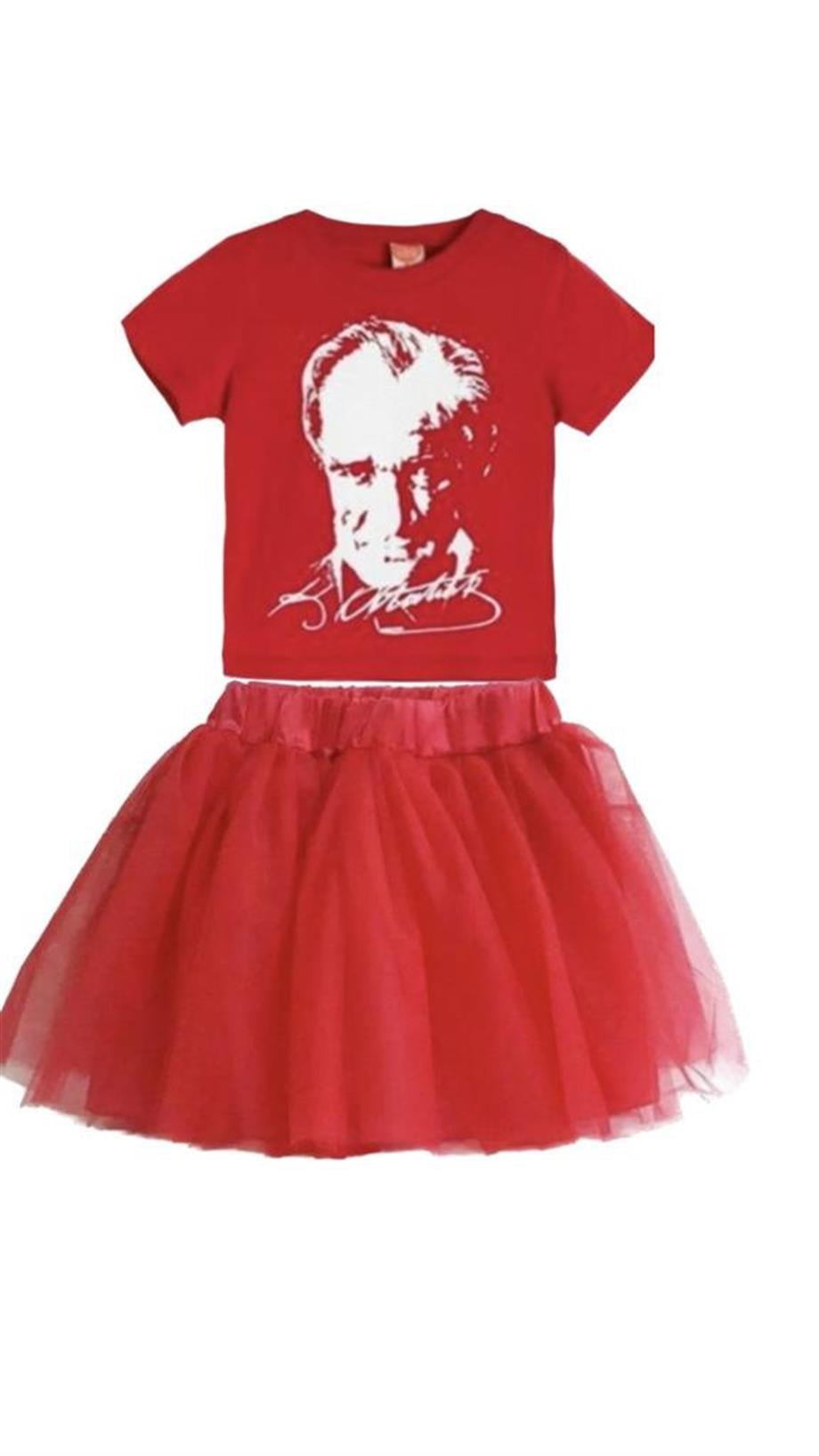 KIZ ÇOCUK KISA KOL ATATÜRK BASKILI T-SHIRT TÜTÜ ETEK TAKIM OKUL GÖSTERİ 23 NİSAN 29 EKİM 10 KASIM