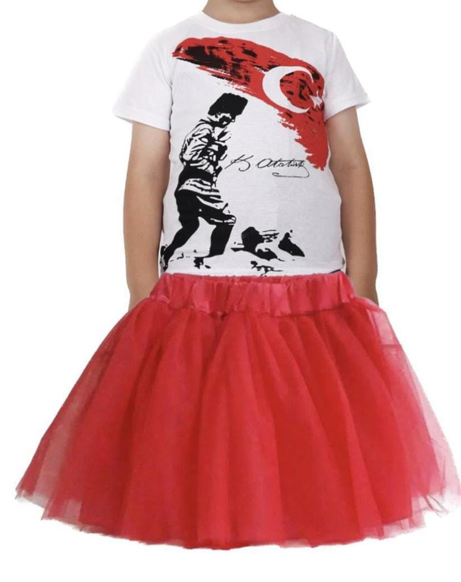 KIZ ÇOCUK KISA KOL ATATÜRK BASKILI T-SHIRT TÜTÜ ETEK TAKIM OKUL GÖSTERİ 23 NİSAN 29 EKİM 10 KASIM