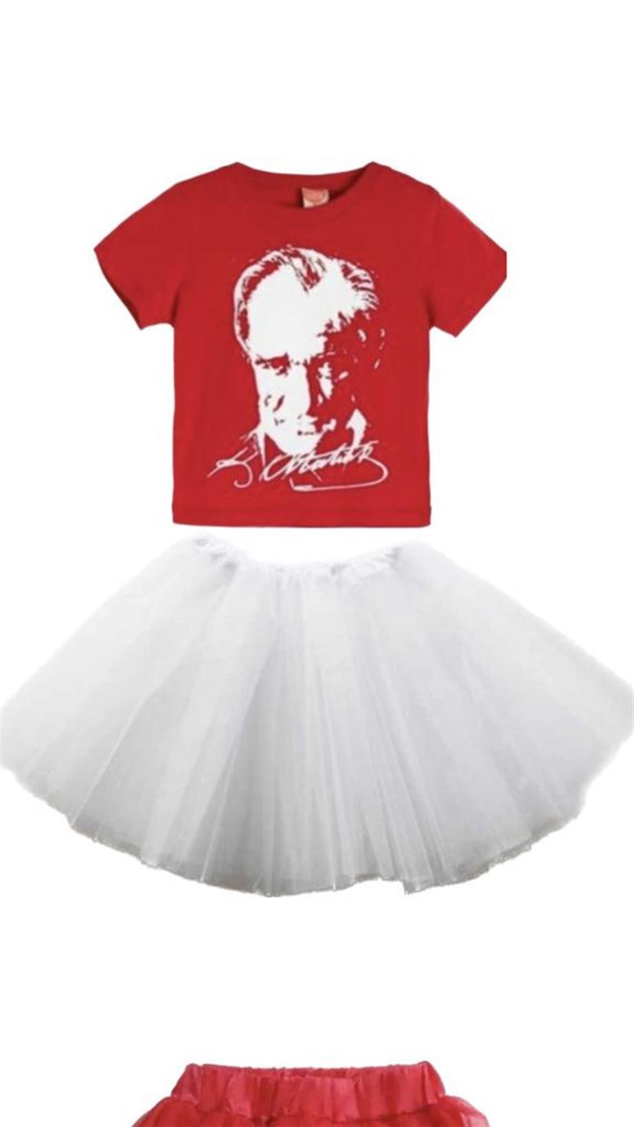 KIZ ÇOCUK KISA KOL ATATÜRK BASKILI T-SHIRT TÜTÜ ETEK TAKIM OKUL GÖSTERİ 23 NİSAN 29 EKİM 10 KASIM