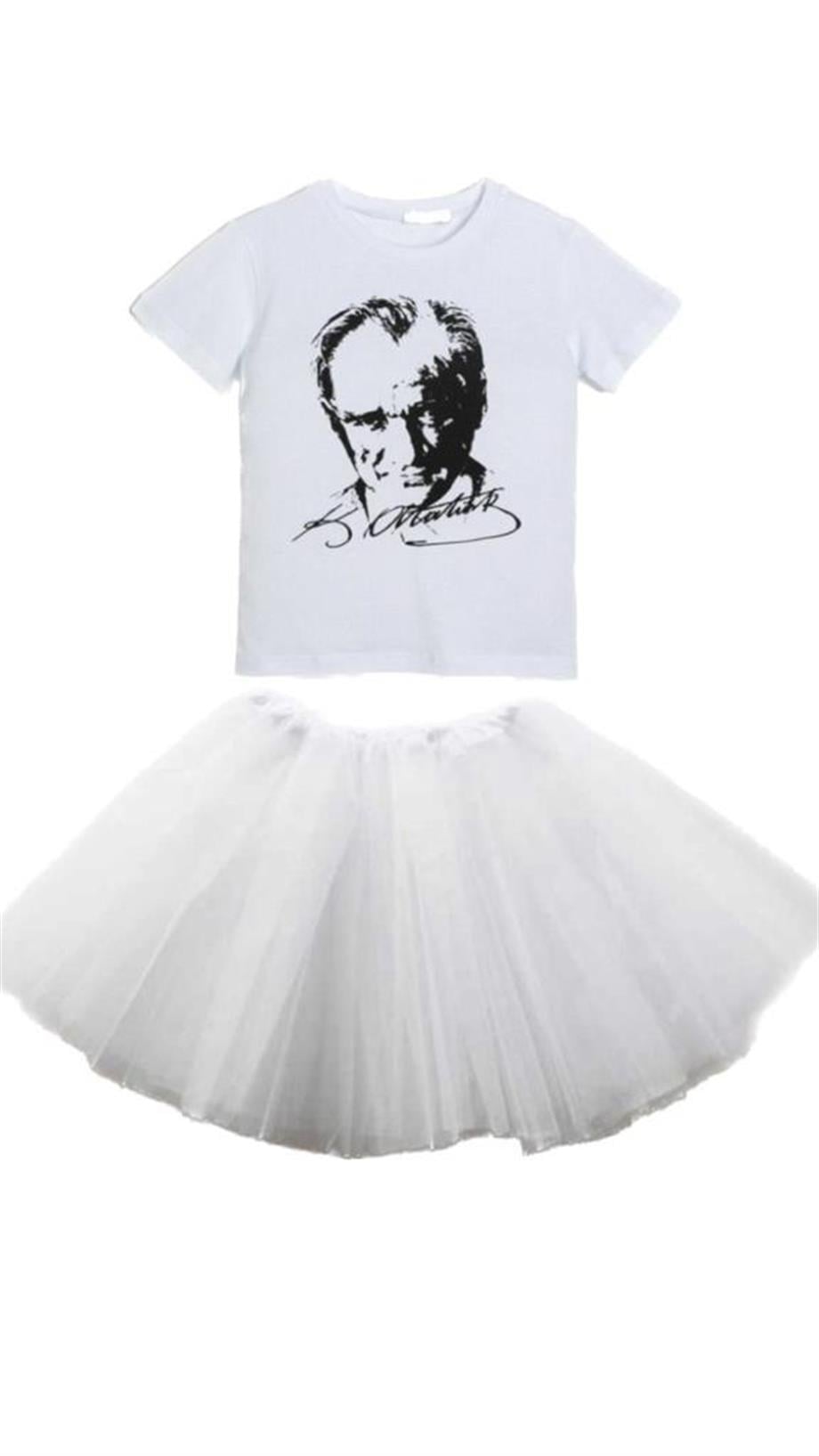 KIZ ÇOCUK KISA KOL ATATÜRK BASKILI T-SHIRT TÜTÜ ETEK TAKIM OKUL GÖSTERİ 23 NİSAN 29 EKİM 10 KASIM