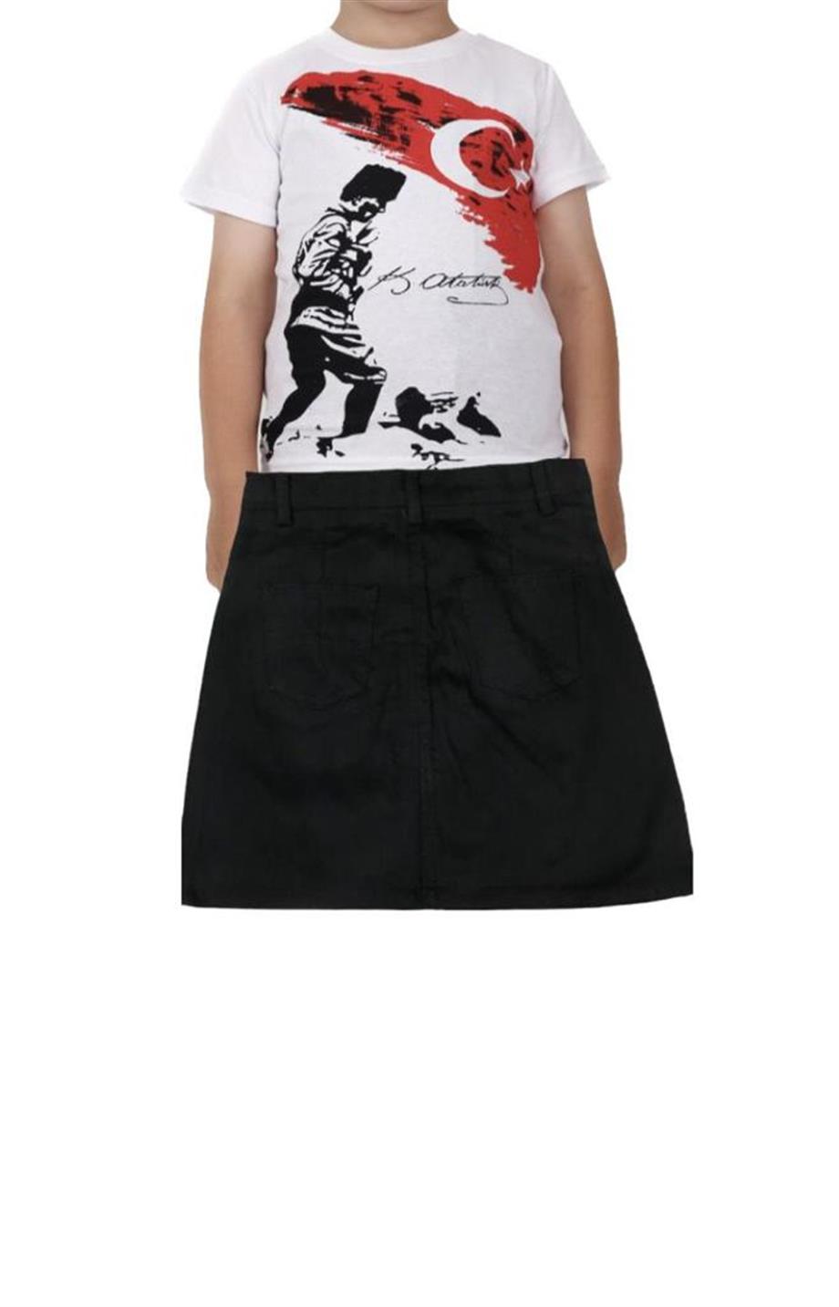 KIZ ÇOCUK KISA KOL ATATÜRK  BASKILI T-SHIRT keten ETEK TAKIM OKUL GÖSTERİ 23 NİSAN 29 EKİM 10 KASIM