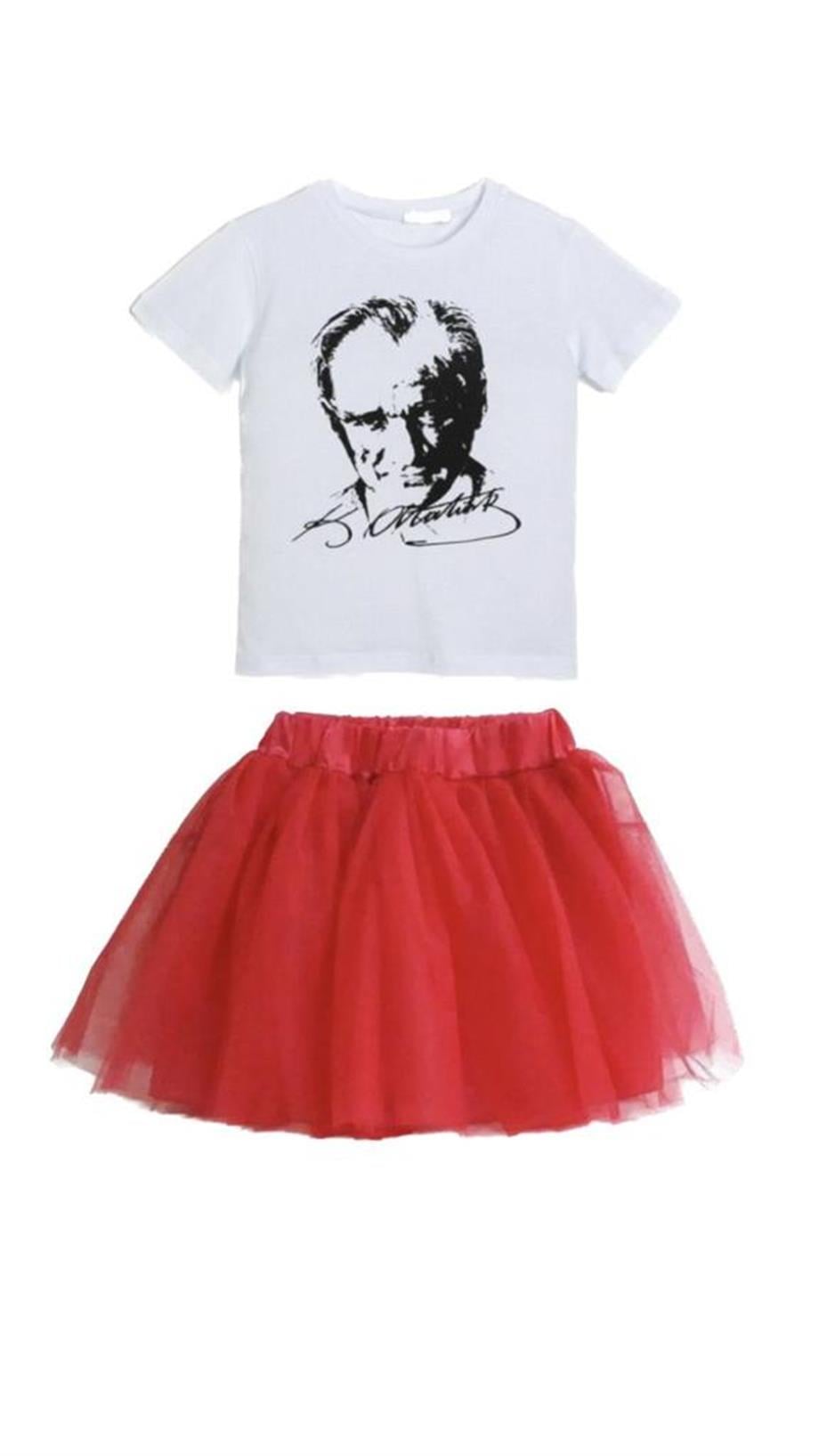 KIZ ÇOCUK KISA KOL ATATÜRK BASKILI T-SHIRT TÜTÜ ETEK TAKIM OKUL GÖSTERİ 23 NİSAN 29 EKİM 10 KASIM