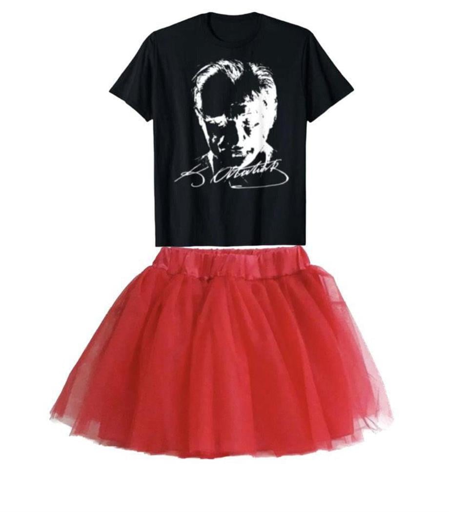 KIZ ÇOCUK KISA KOL ATATÜRK BASKILI T-SHIRT TÜTÜ ETEK TAKIM OKUL GÖSTERİ 23 NİSAN 29 EKİM 10 KASIM