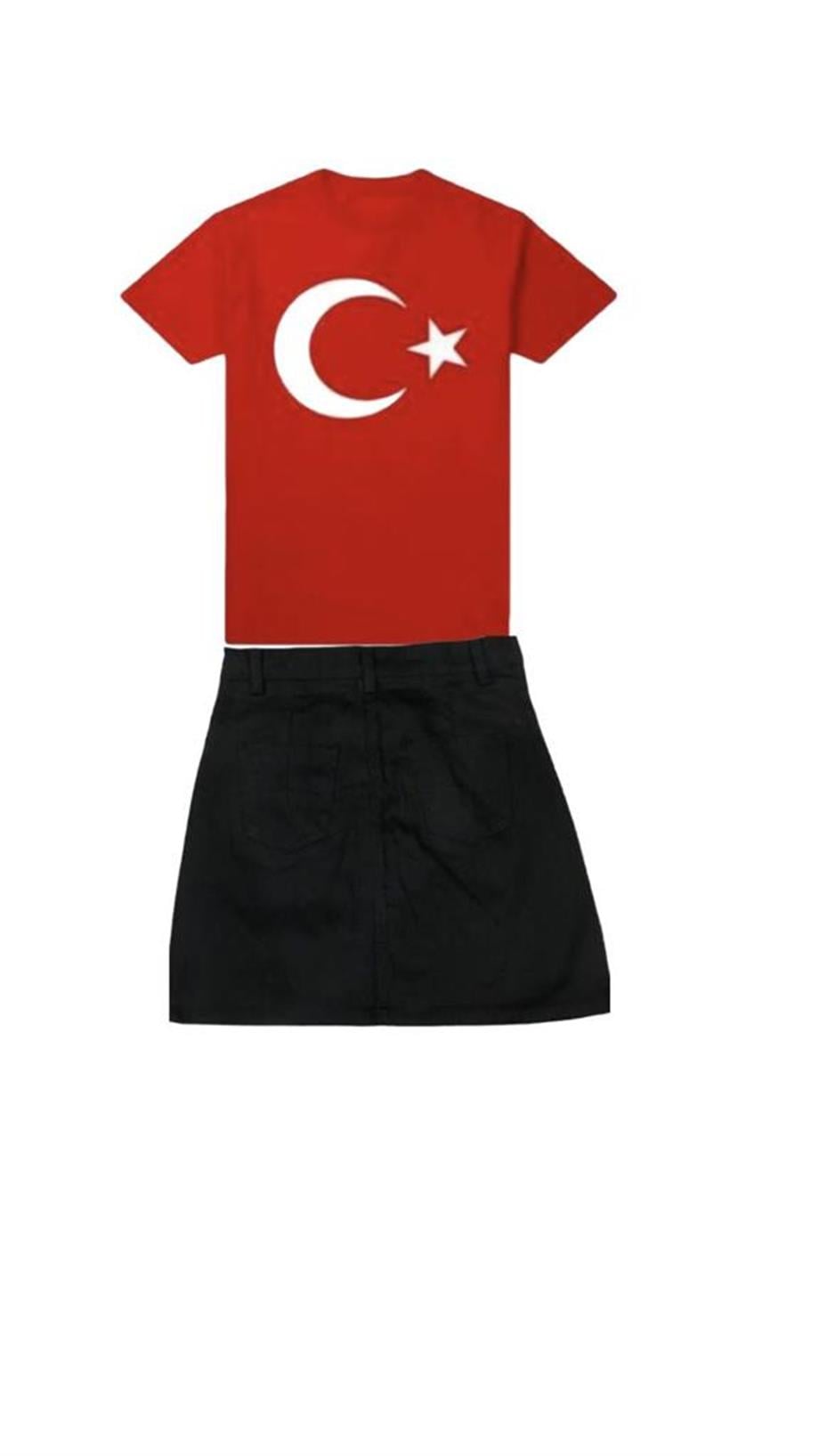 KIZ ÇOCUK KISA KOL ATATÜRK  BASKILI T-SHIRT keten ETEK TAKIM OKUL GÖSTERİ 23 NİSAN 29 EKİM 10 KASIM