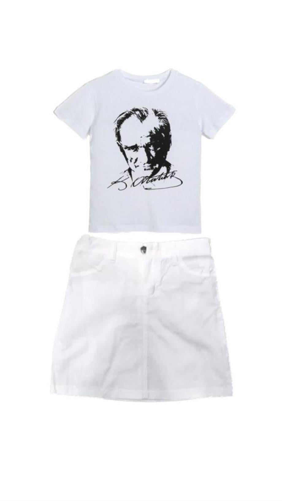 KIZ ÇOCUK KISA KOL ATATÜRK  BASKILI T-SHIRT keten ETEK TAKIM OKUL GÖSTERİ 23 NİSAN 29 EKİM 10 KASIM