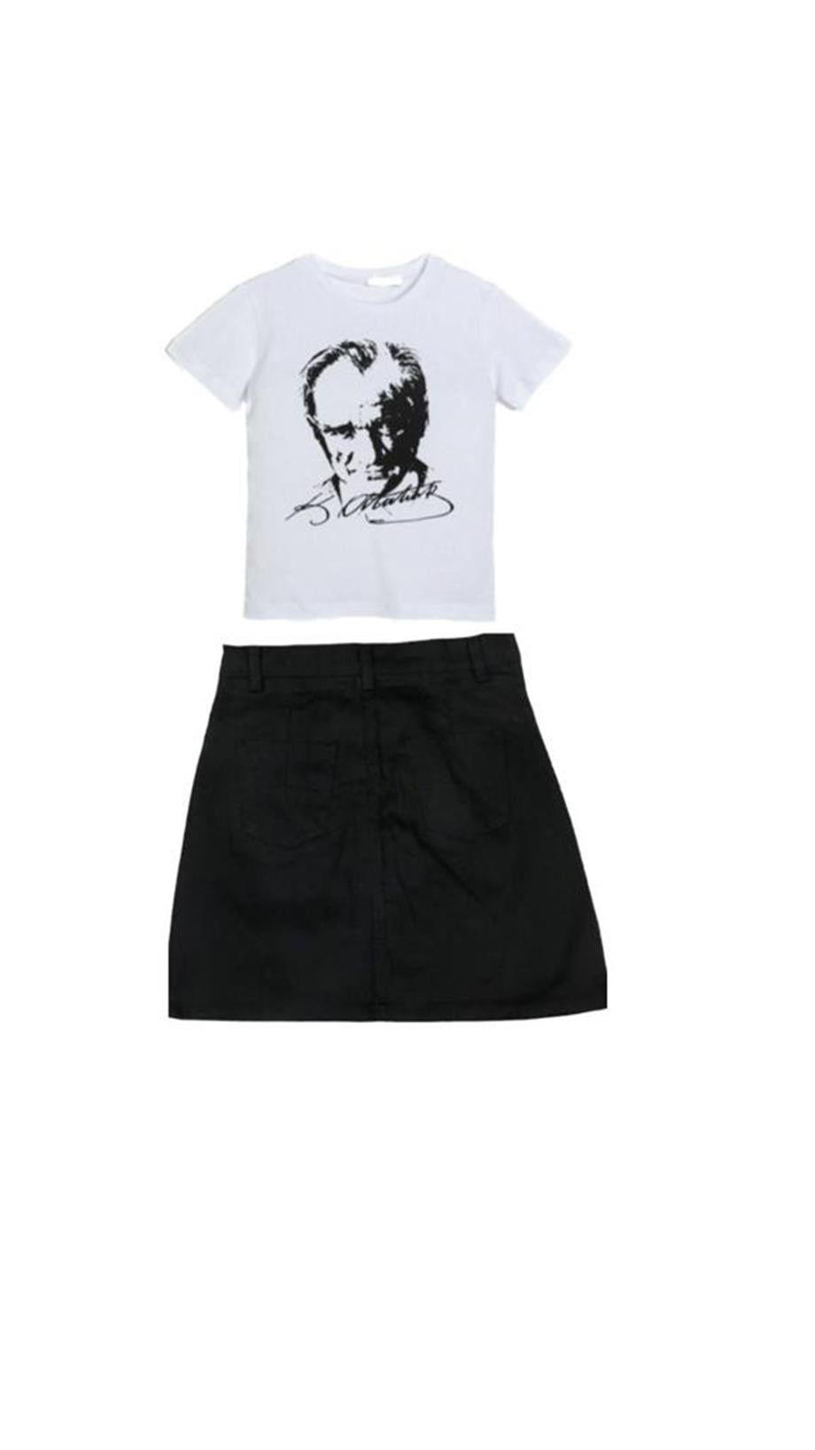 KIZ ÇOCUK KISA KOL ATATÜRK  BASKILI T-SHIRT keten ETEK TAKIM OKUL GÖSTERİ 23 NİSAN 29 EKİM 10 KASIM