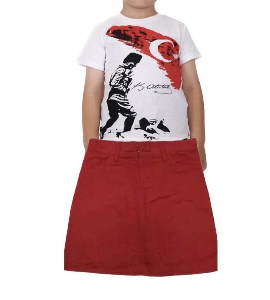 KIZ ÇOCUK KISA KOL ATATÜRK  BASKILI T-SHIRT keten ETEK TAKIM OKUL GÖSTERİ 23 NİSAN 29 EKİM 10 KASIM