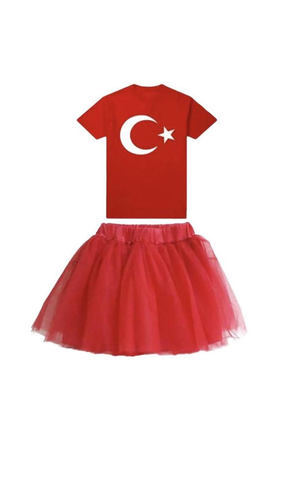 KIZ ÇOCUK KISA KOL ATATÜRK BASKILI T-SHIRT TÜTÜ ETEK TAKIM OKUL GÖSTERİ 23 NİSAN 29 EKİM 10 KASIM