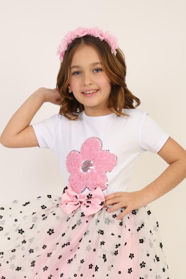 Kız Çocuk Kısa Kol Bisiklet Yaka Pembe Çiçek Desenli Baskılı T-shirt 23 Nisan 29 Ekim 19 Mayıs Gösteri