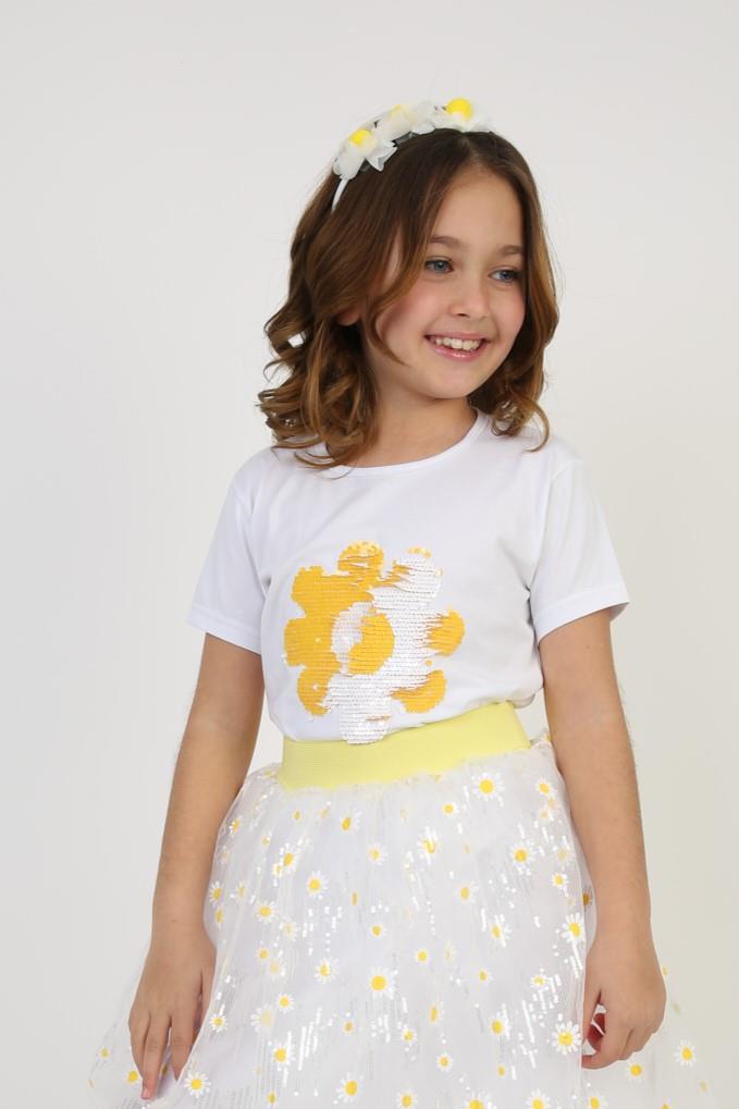 Kız Çocuk Kısa Kol Bisiklet Yaka Sarı Çiçek Desenli Baskılı T-shirt 23 Nisan 29 Ekim 19 Mayıs Gösteri