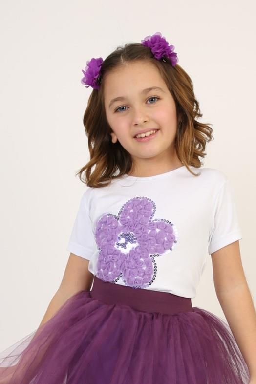 Kız Çocuk Kısa Kol Bisiklet Yaka Mor Çiçek Desenli Baskılı T-shirt 23 Nisan 29 Ekim 19 Mayıs Gösteri