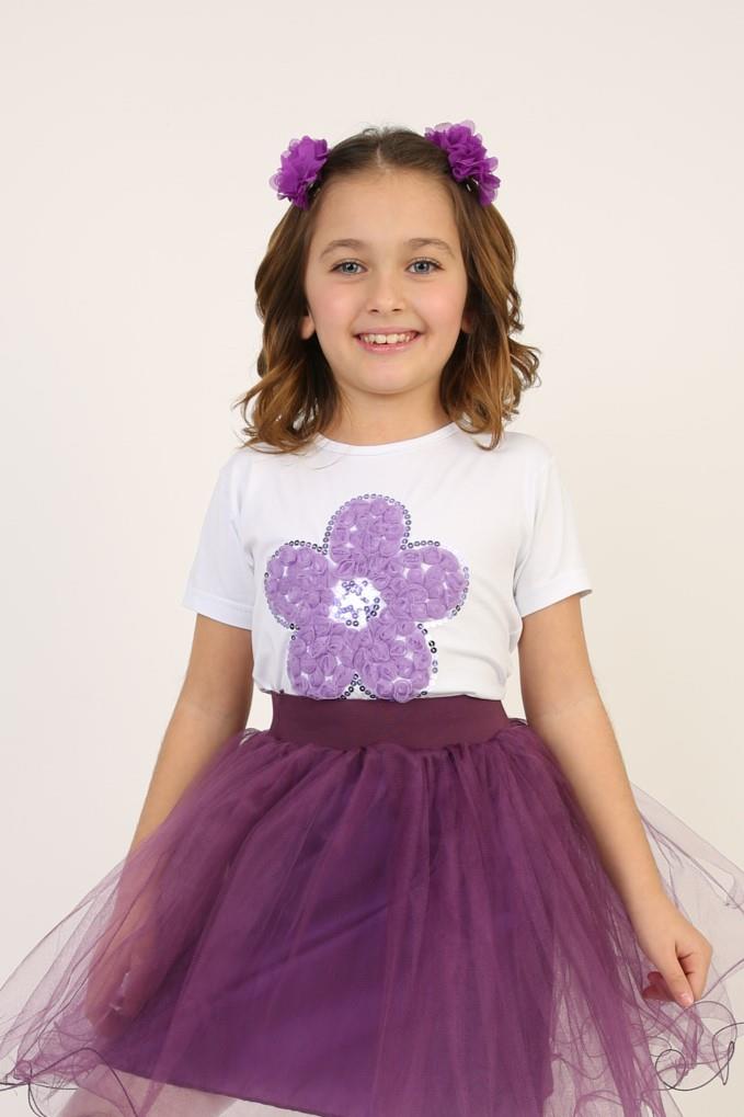 Kız Çocuk Kısa Kol Bisiklet Yaka Mor Çiçek Desenli Baskılı T-shirt 23 Nisan 29 Ekim 19 Mayıs Gösteri