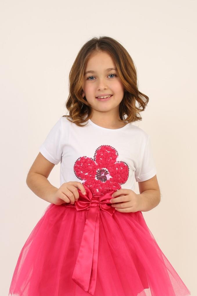 Kız Çocuk Kısa Kol Bisiklet Yaka Fuşya Çiçek Desenli Baskılı T-shirt 23 Nisan 29 Ekim 19 Mayıs Gösteri
