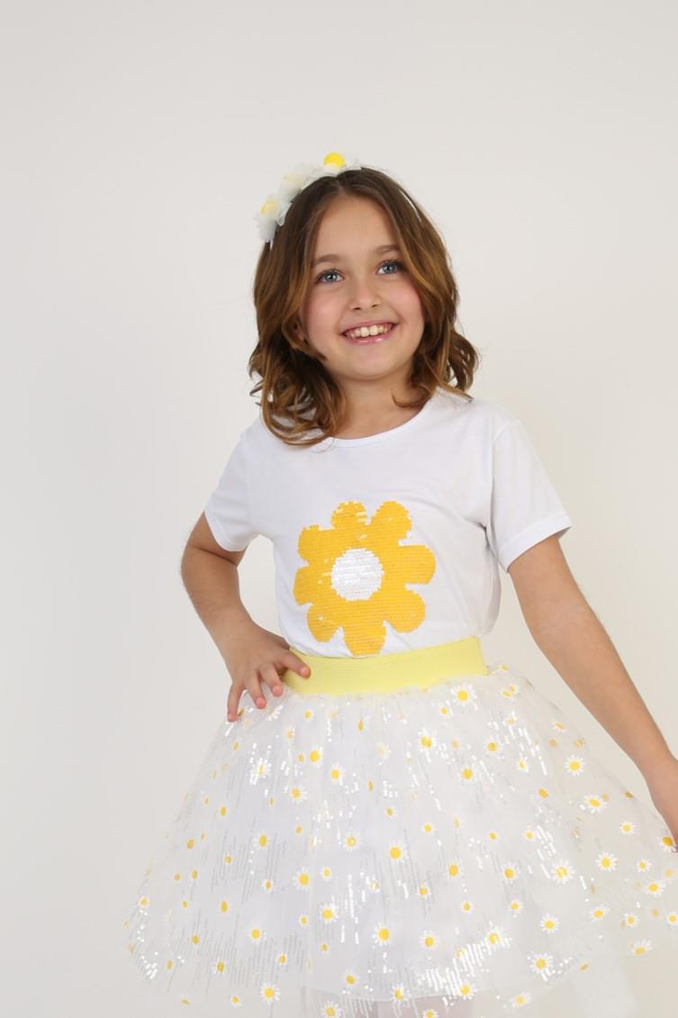 Kız Çocuk Kısa Kol Bisiklet Yaka Sarı Çiçek Desenli Baskılı T-shirt 23 Nisan 29 Ekim 19 Mayıs Gösteri