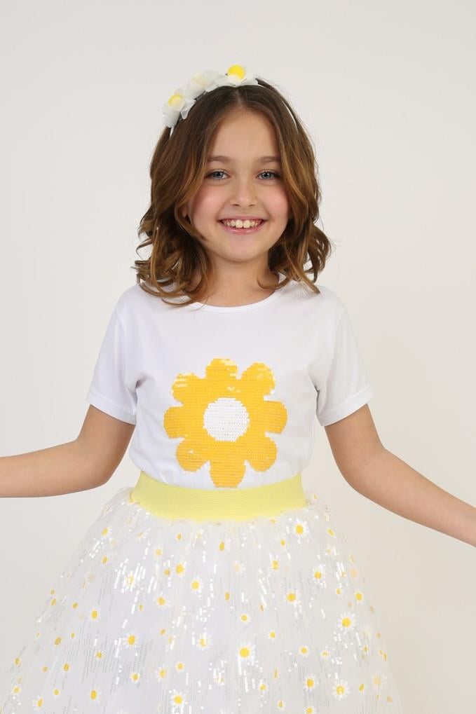 Kız Çocuk Kısa Kol Bisiklet Yaka Sarı Çiçek Desenli Baskılı T-shirt 23 Nisan 29 Ekim 19 Mayıs Gösteri