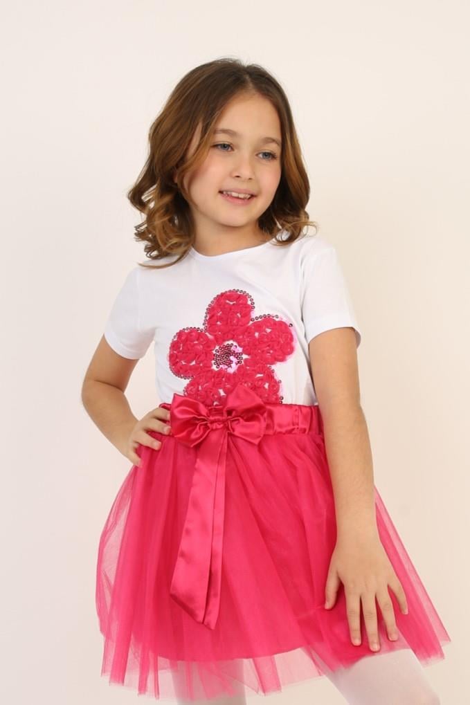 Kız Çocuk Kısa Kol Bisiklet Yaka Fuşya Çiçek Desenli Baskılı T-shirt 23 Nisan 29 Ekim 19 Mayıs Gösteri