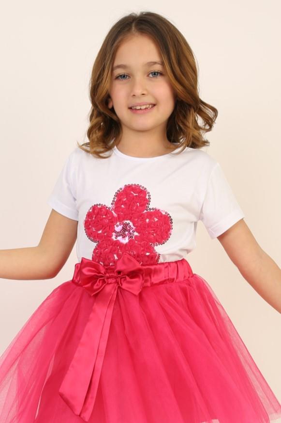 Kız Çocuk Kısa Kol Bisiklet Yaka Fuşya Çiçek Desenli Baskılı T-shirt 23 Nisan 29 Ekim 19 Mayıs Gösteri