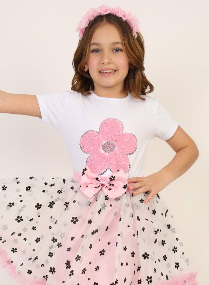 Kız Çocuk Kısa Kol Bisiklet Yaka Pembe Çiçek Desenli Baskılı T-shirt 23 Nisan 29 Ekim 19 Mayıs Gösteri