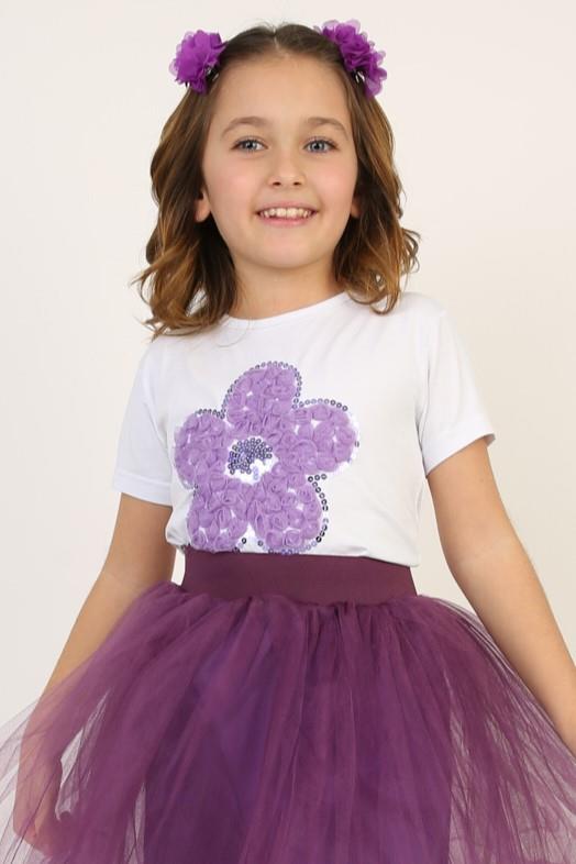 Kız Çocuk Kısa Kol Bisiklet Yaka Mor Çiçek Desenli Baskılı T-shirt 23 Nisan 29 Ekim 19 Mayıs Gösteri