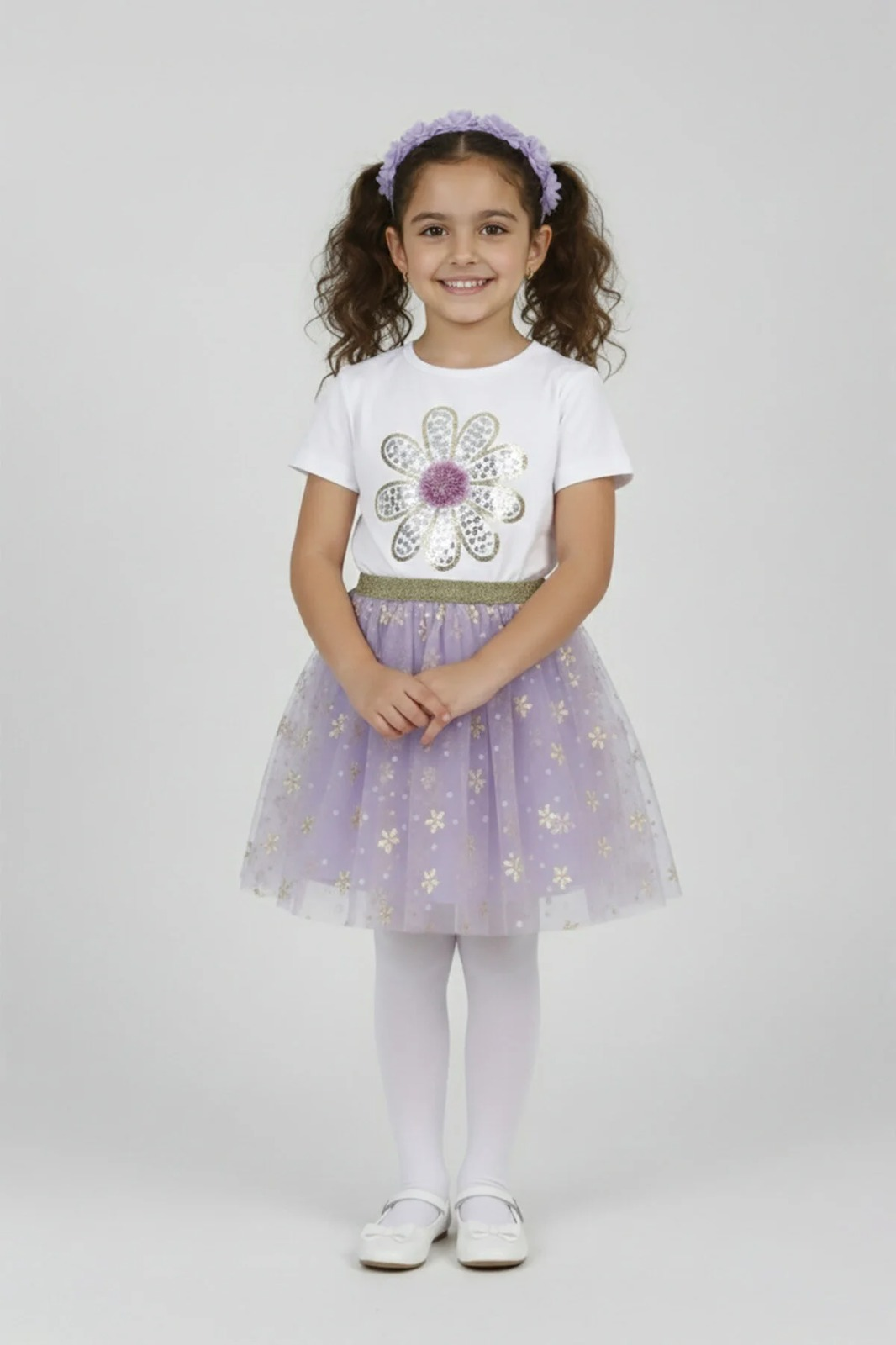 Kız Çocuk Mor Pullu Çiçek Tişört ve Çiçek Desenli Tüllü Etek Takım 23 Nisan Gösteri Kıyafeti