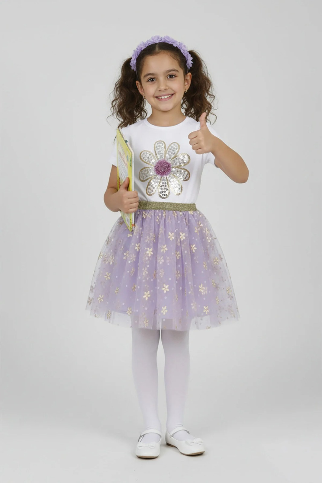 Kız Çocuk Mor Pullu Çiçek Tişört ve Çiçek Desenli Tüllü Etek Takım 23 Nisan Gösteri Kıyafeti