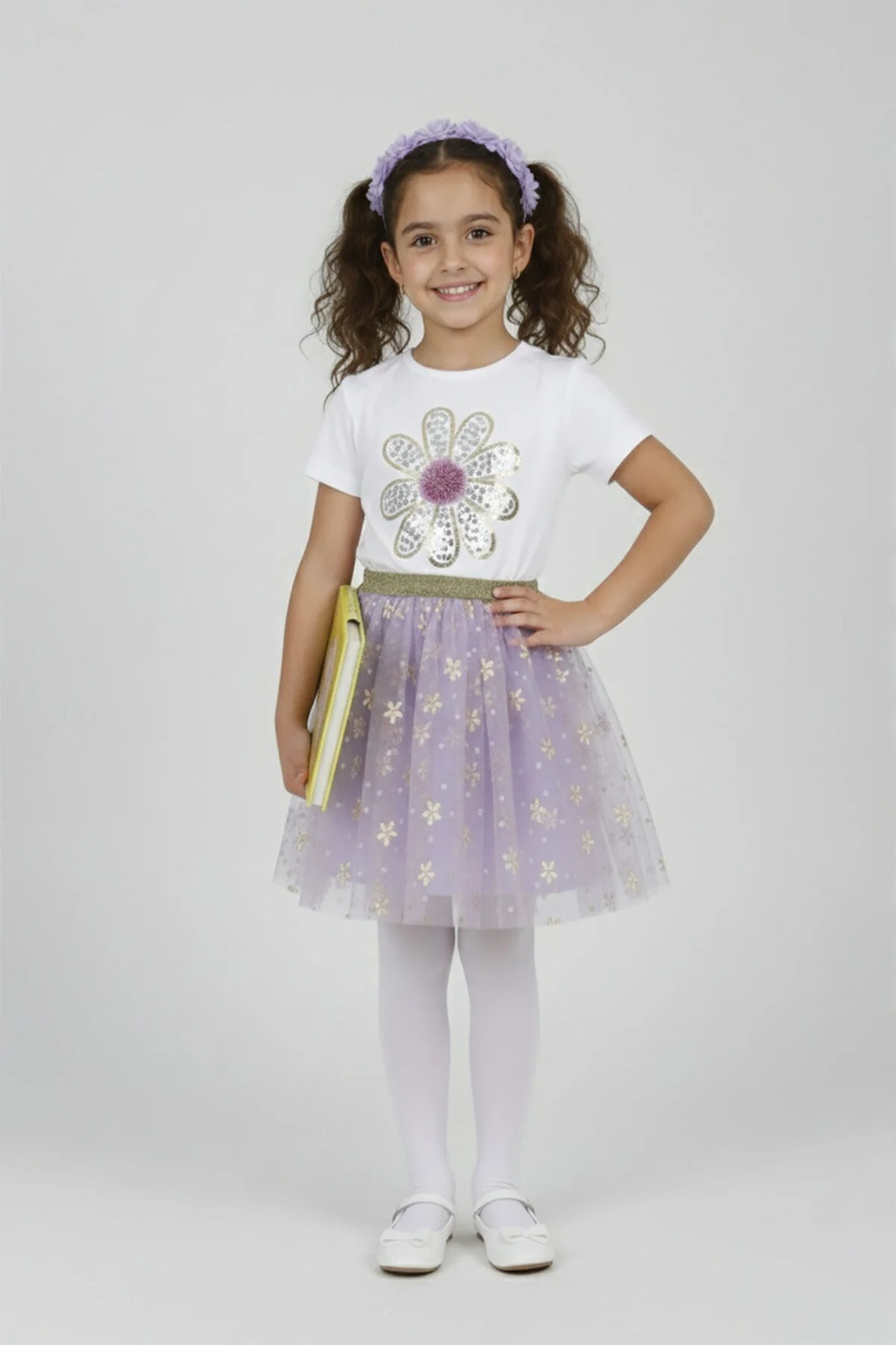 Kız Çocuk Mor Pullu Çiçek Tişört ve Çiçek Desenli Tüllü Etek Takım 23 Nisan Gösteri Kıyafeti
