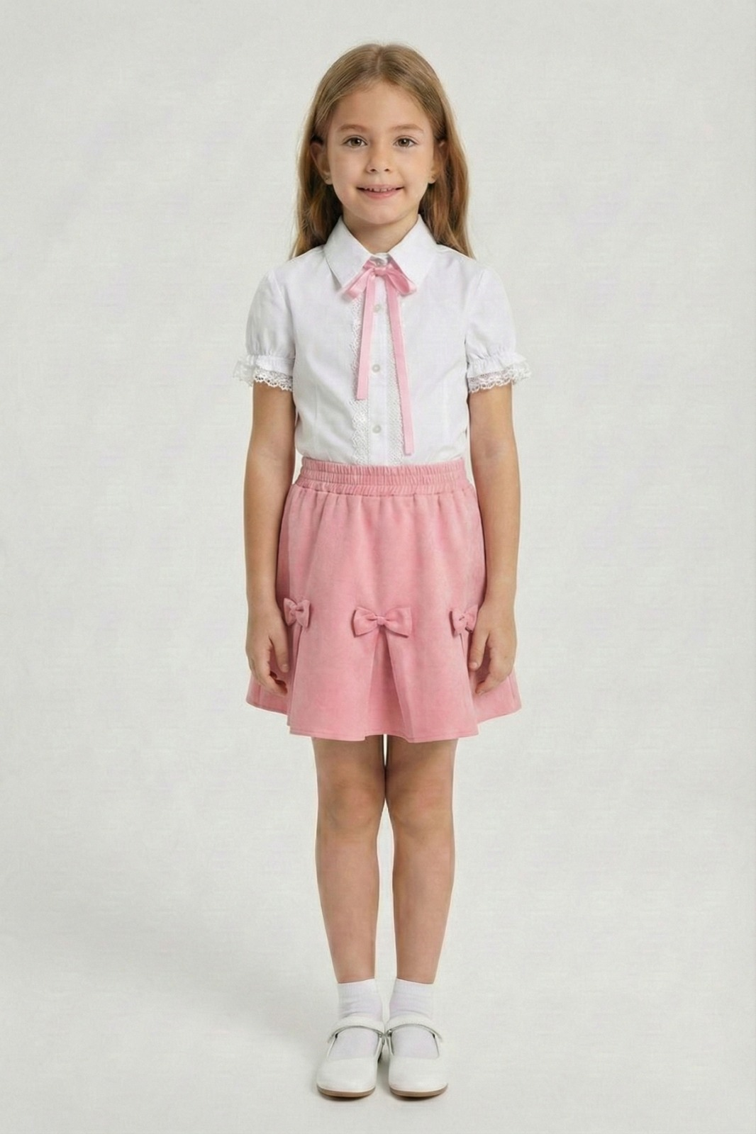 Kız Çocuk Pembe Fiyonklu Dantel İşlemeli Gömlek Pembe Kurdeleli Etek Takım 23 Nisan 29 Ekim