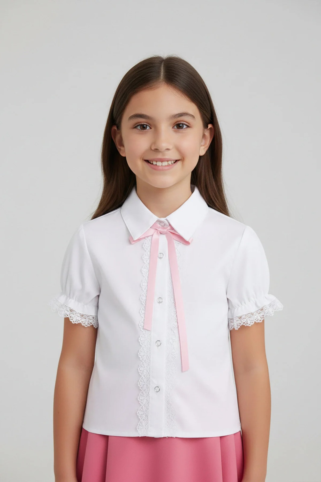 Kız Çocuk Pembe Fiyonklu Dantelli Beyaz Gömlek 23 Nisan 29 Ekim Gösteri Kıyafeti