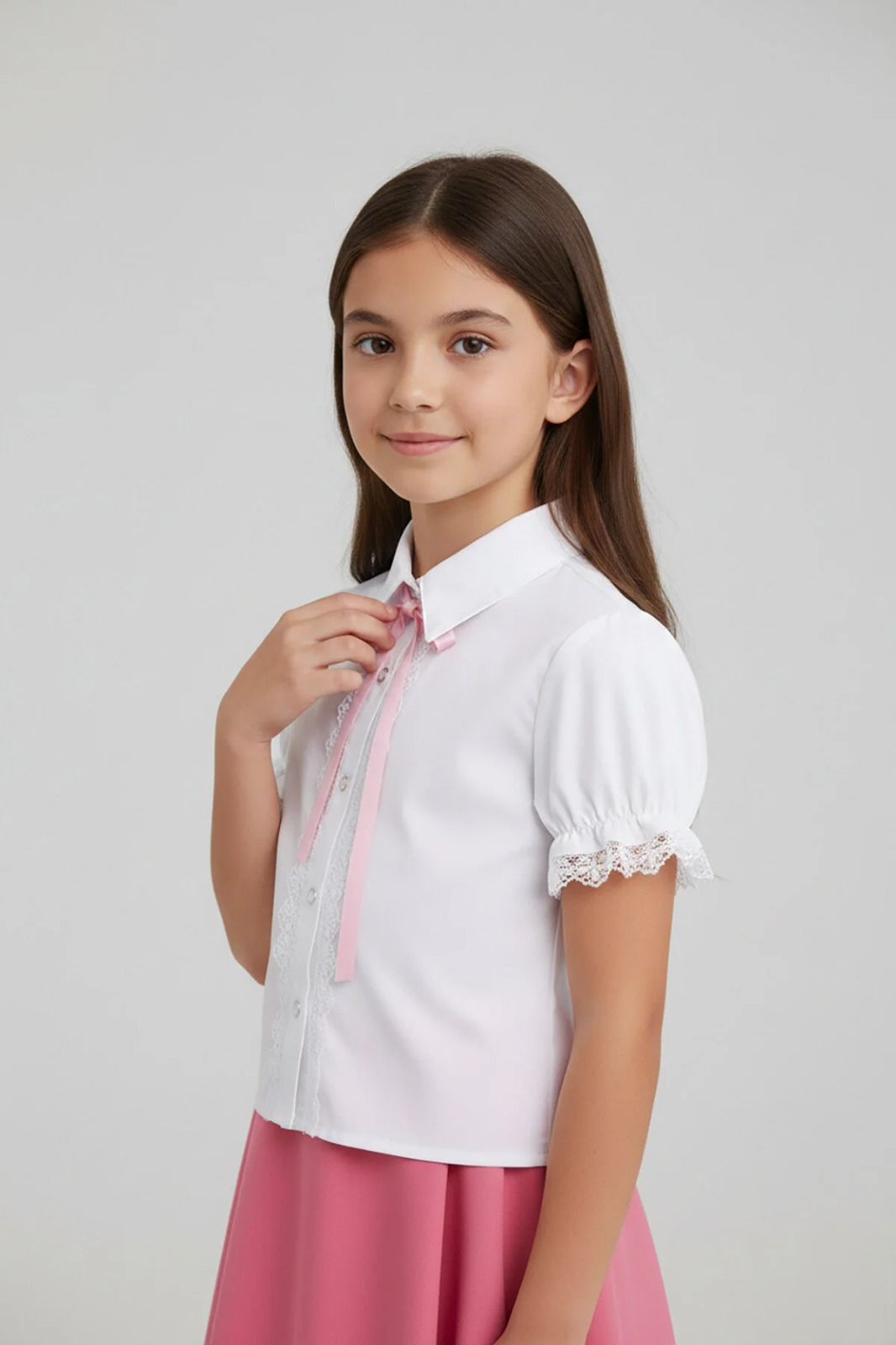 Kız Çocuk Pembe Fiyonklu Dantelli Beyaz Gömlek 23 Nisan 29 Ekim Gösteri Kıyafeti