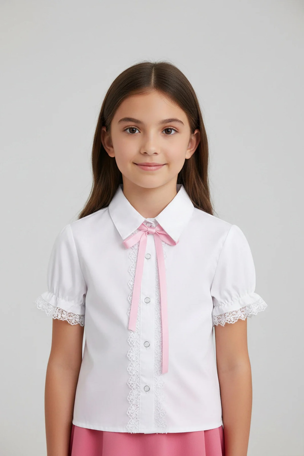 Kız Çocuk Pembe Fiyonklu Dantelli Beyaz Gömlek 23 Nisan 29 Ekim Gösteri Kıyafeti