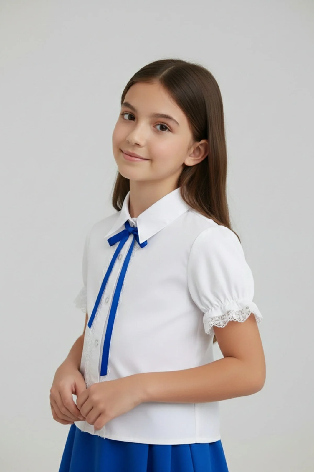 Kız Çocuk Saks Mavi Fiyonklu Dantelli Beyaz Gömlek 23 Nisan 29 Ekim Gösteri Kıyafeti