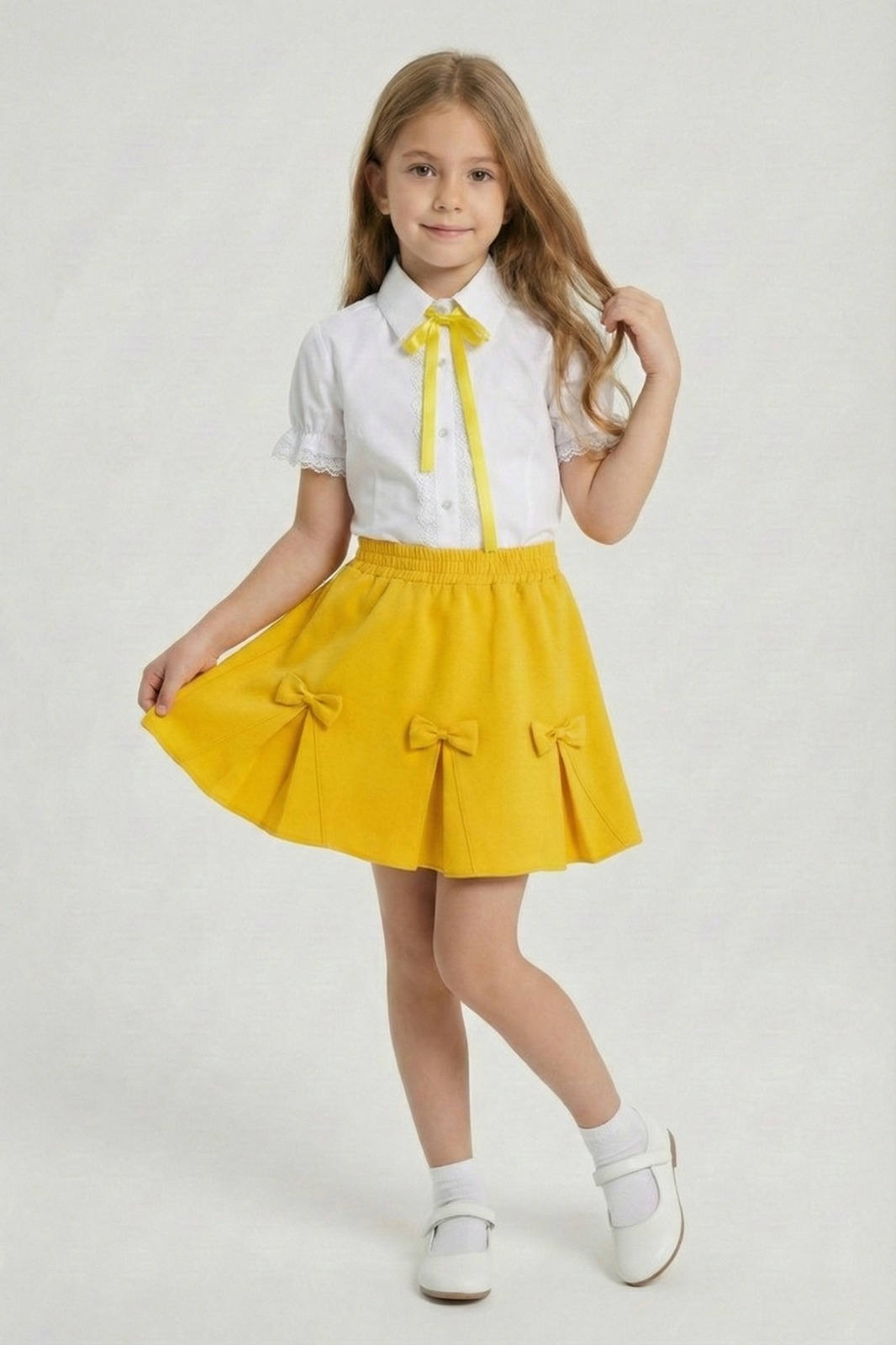Kız Çocuk Sarı Fiyonklu Dantel İşlemeli Gömlek Sarı Kurdeleli Etek Takım 23 Nisan 29 Ekim