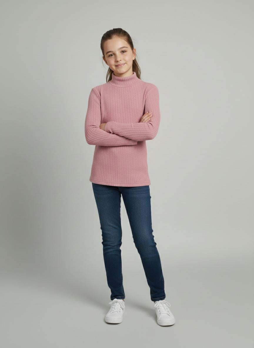 Kız ve Erkek Çocuk Pembe Fitilli Yarım Balıkçı Yaka Uzun Kollu Body İçlik