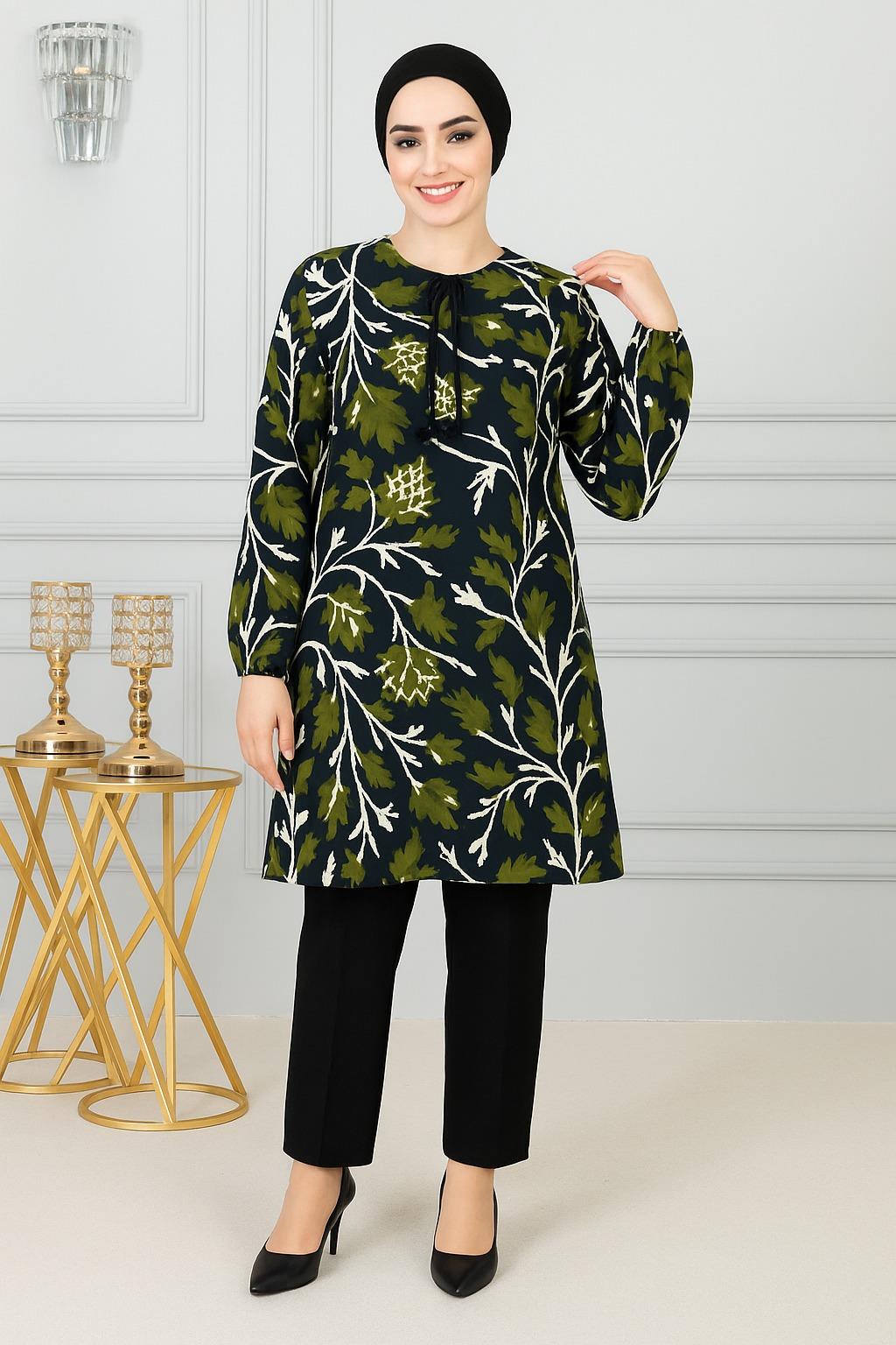 Lacivert Yeşil Yaprak Desenli Kadın Yazlık Yakası Bağcıklı Tunik – Lastikli Kol