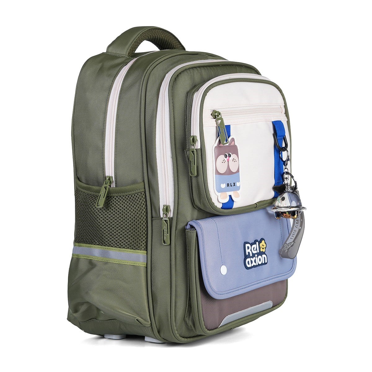 Relaxion 1816 3lü İlkokul Çanta Seti Haki - Fanus Aksesuarlı, Ortopedik Sırt Destekli Okul Çantası, Beslenme Çantası ve Kalemlik