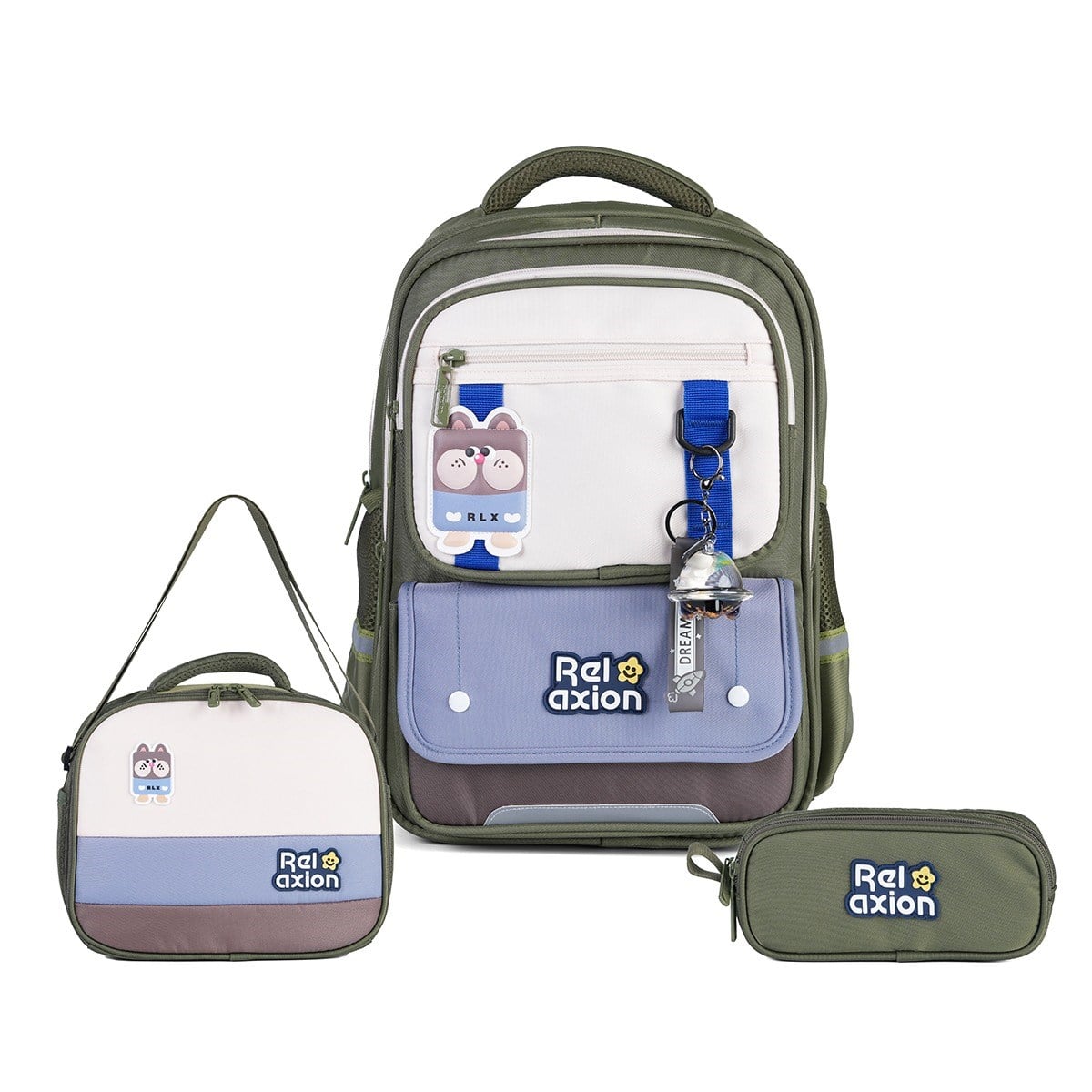 Relaxion 1816 3lü İlkokul Çanta Seti Haki - Fanus Aksesuarlı, Ortopedik Sırt Destekli Okul Çantası, Beslenme Çantası ve Kalemlik