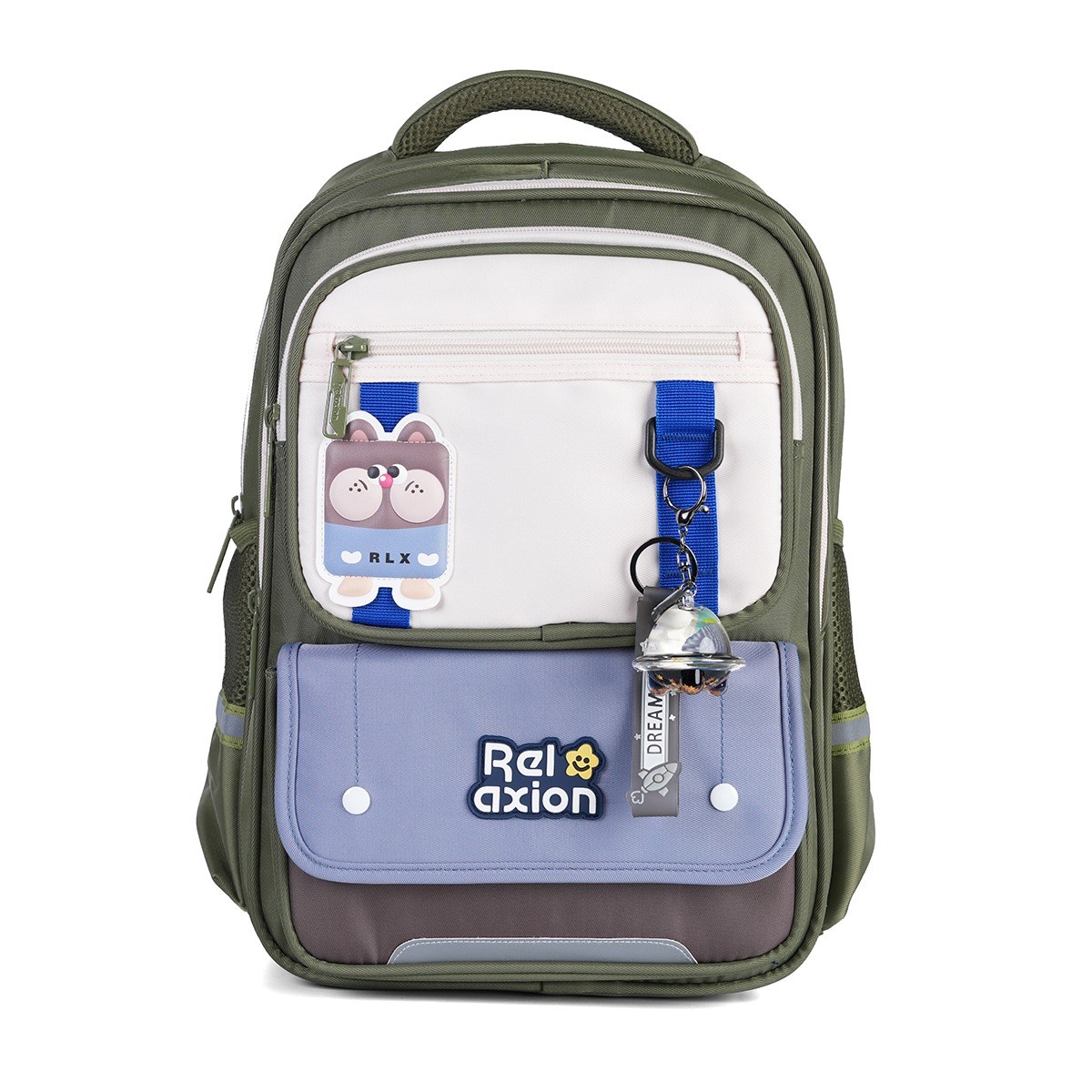 Relaxion 1816 3lü İlkokul Çanta Seti Haki - Fanus Aksesuarlı, Ortopedik Sırt Destekli Okul Çantası, Beslenme Çantası ve Kalemlik