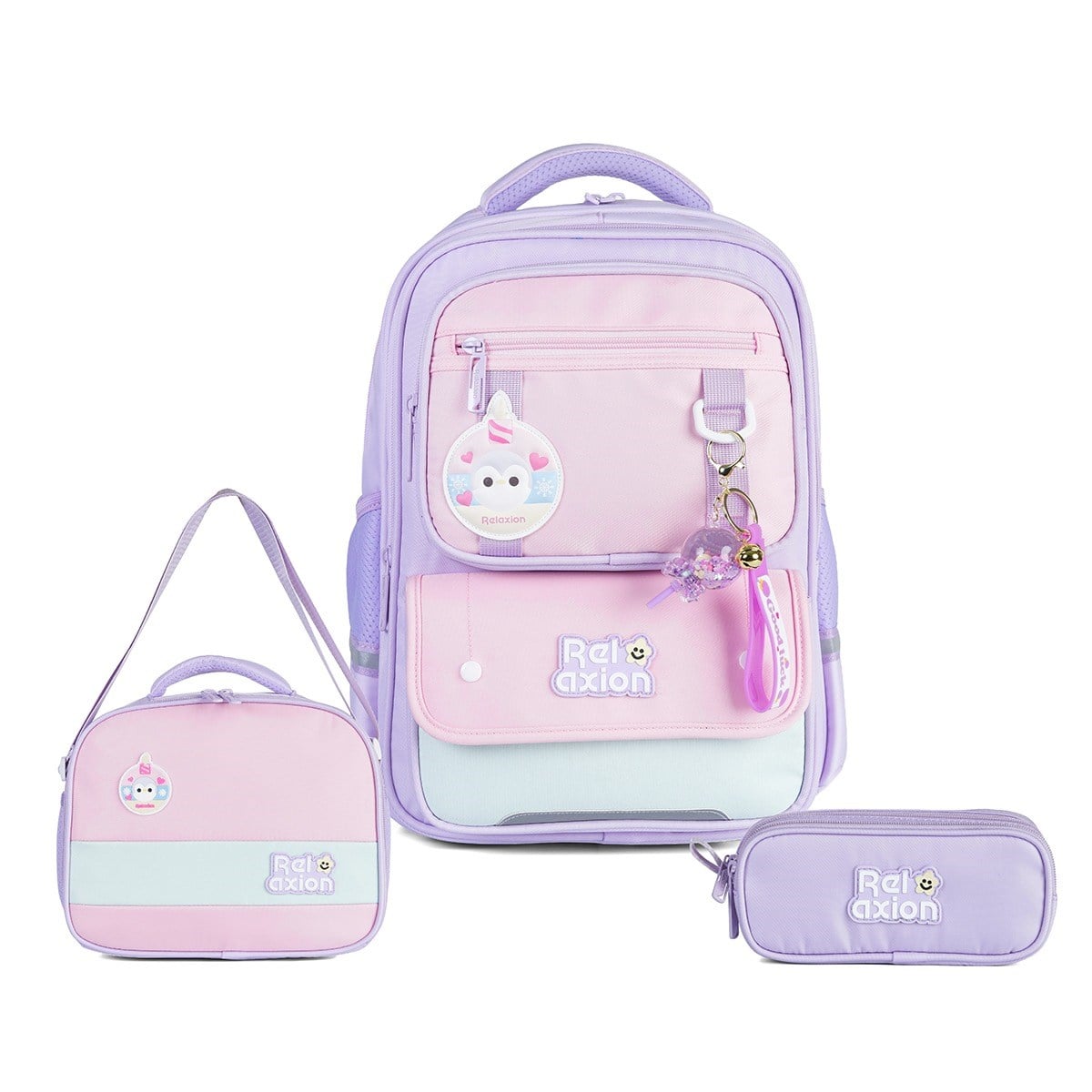Relaxion 1816 3lü İlkokul Çanta Seti Lila - Fanus Aksesuarlı, Ortopedik Sırt Destekli Okul Çantası, Beslenme Çantası ve Kalemlik