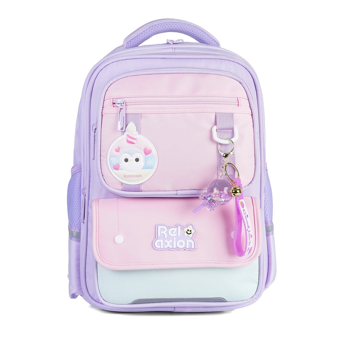 Relaxion 1816 3lü İlkokul Çanta Seti Lila - Fanus Aksesuarlı, Ortopedik Sırt Destekli Okul Çantası, Beslenme Çantası ve Kalemlik