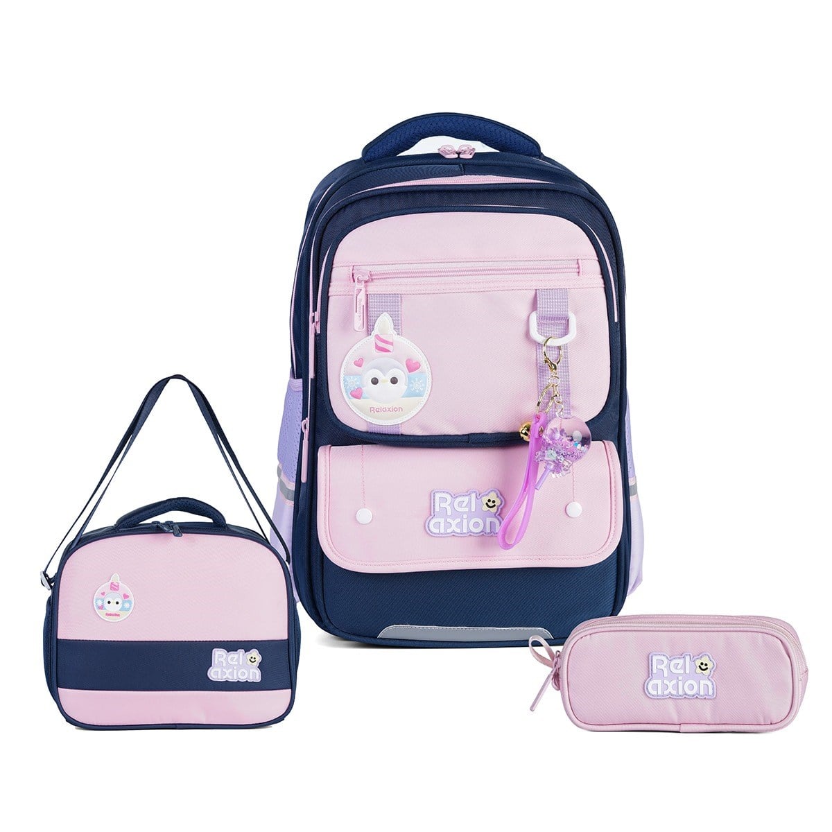 Relaxion 1816 3lü İlkokul Çanta Seti Pembe - Fanus Aksesuarlı, Ortopedik Sırt Destekli Okul Çantası, Beslenme Çantası ve Kalemlik