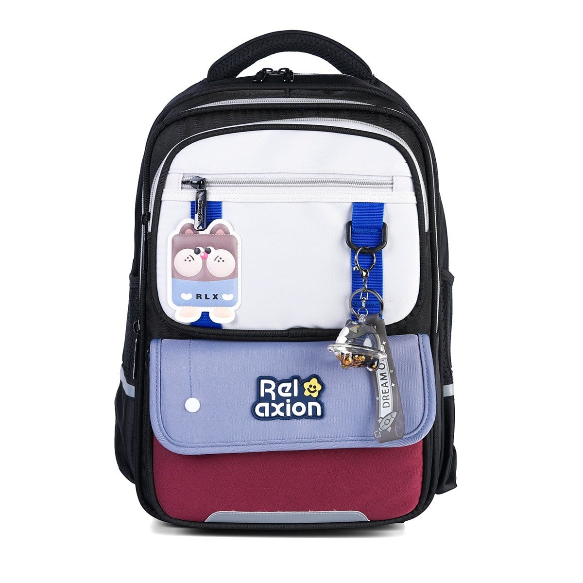 Relaxion 1816 3lü İlkokul Çanta Seti Siyah - Fanus Aksesuarlı, Ortopedik Sırt Destekli Okul Çantası, Beslenme Çantası ve Kalemlik