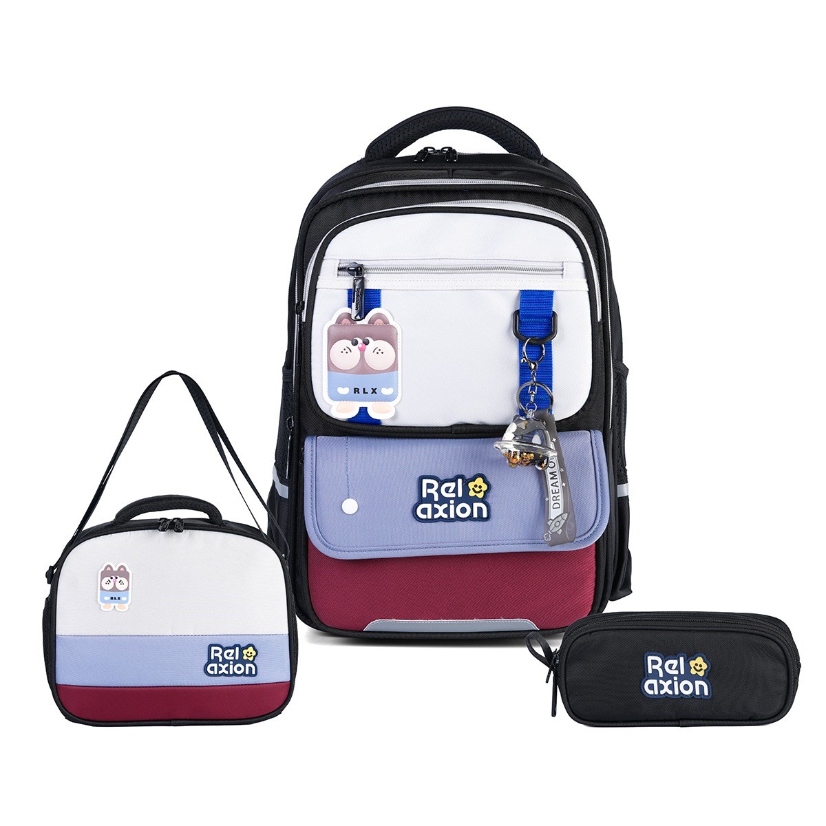 Relaxion 1816 3lü İlkokul Çanta Seti Siyah - Fanus Aksesuarlı, Ortopedik Sırt Destekli Okul Çantası, Beslenme Çantası ve Kalemlik