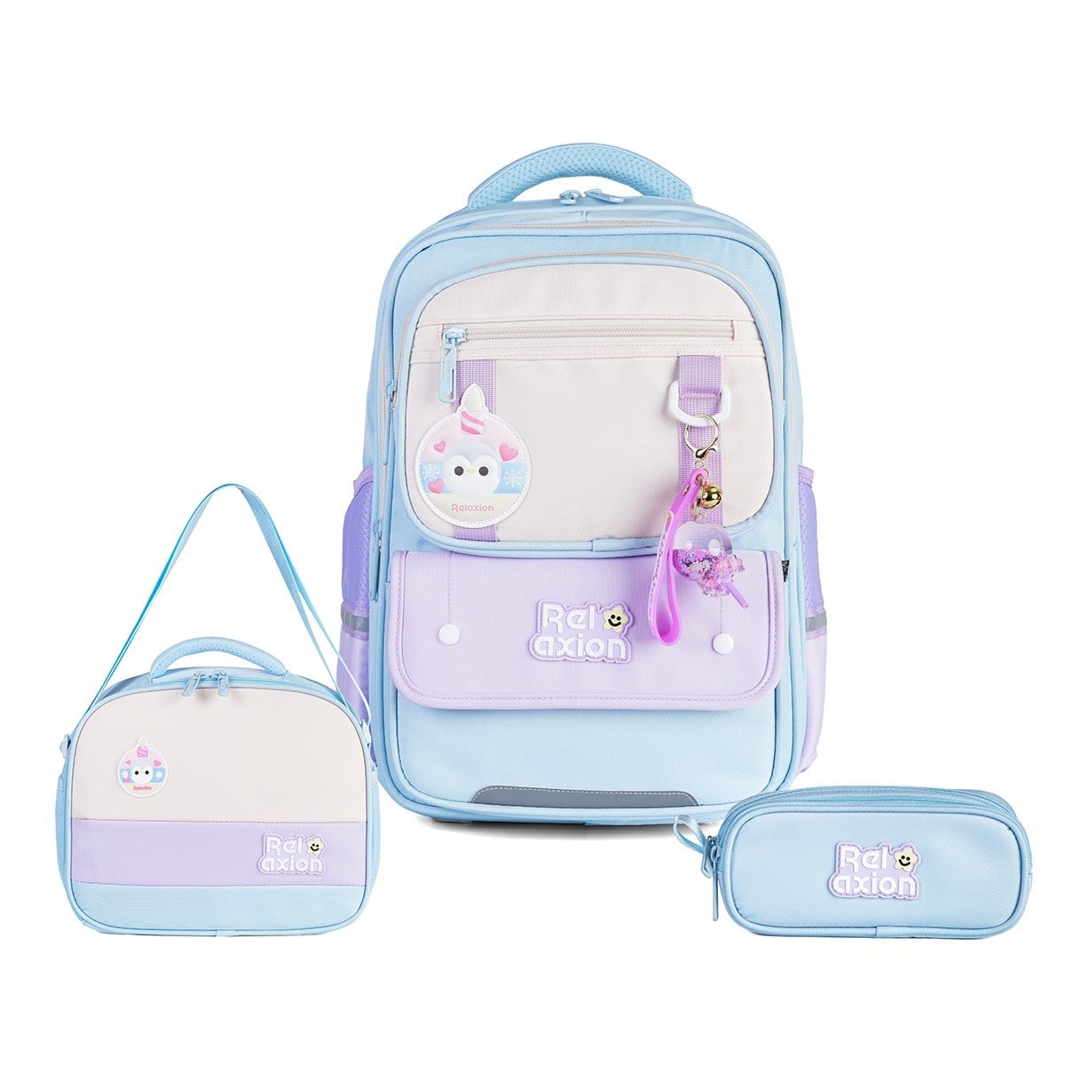 Relaxion 1816 3lü İlkokul Çanta Seti Turkuaz - Fanus Aksesuarlı, Ortopedik Sırt Destekli Okul Çantası, Beslenme Çantası ve Kalemlik