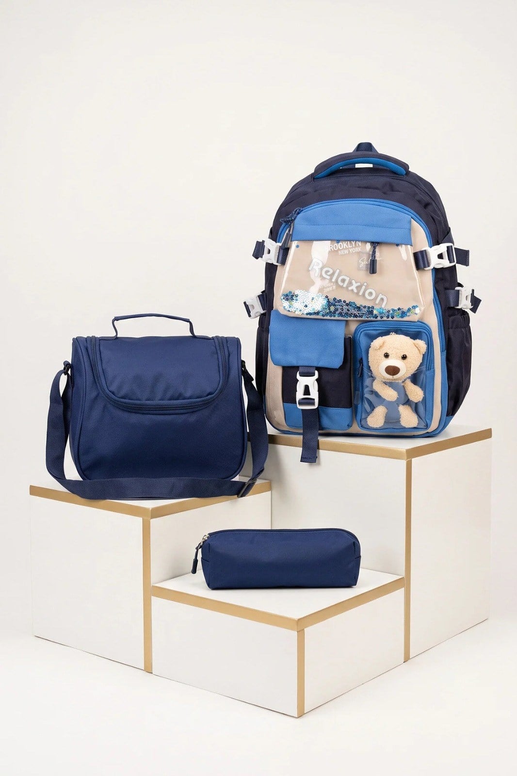 Relaxion Erkek Çocuk Pelüş Ayıcıklı Kore Tarzı Kawaii 3lü Set Okul Çantası Seti Mavi Lacivert