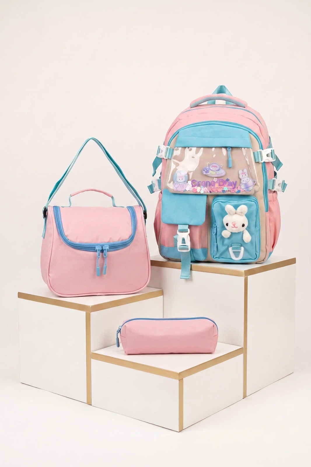 Relaxion Kız Çocuk Pelüş Ayıcıklı Kore Tarzı Kawaii 3lü Set Okul Çantası Seti Pembe
